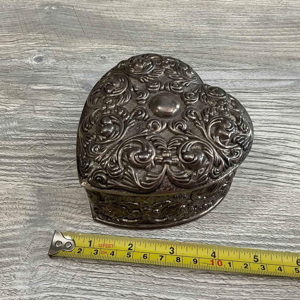 Vintage Heart Shaped Silver Tone Trinket Jewelry Box Blue Velvet Lined Embossed